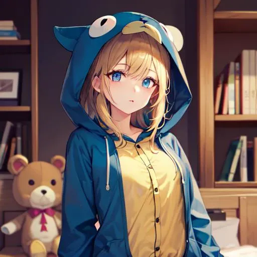 ((best quality)), ((highly detailed)), masterpiece, absurdres, (detailed eyes, deep eyes), (1girl), upper body, <lora:OnesiePJs:.9>, onesie, animal onesie, inside, in a bedroom, stuffed toy, stuffed animal