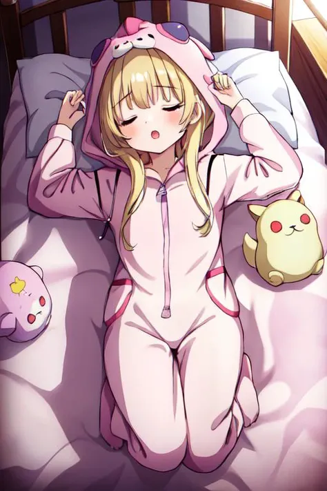 masterpiece, best quality,ultra detail, <lora:anmnr01:0.3>, <lora:GoodHands-vanilla:0.7> <lora:add_detail:0.5>,1girl, from above,sleeping,open mouth,<lora:OnesiePJs:0.7>,Onesie,on bed