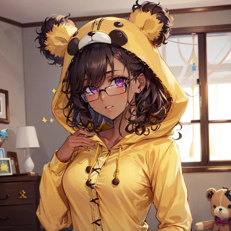 ((best quality)), ((highly detailed)), masterpiece, absurdres, (detailed eyes, deep eyes), (1girl), (glasses), dynamic pose, upper body, ((dark skin, dark-skinned female, ebony)):1.2, dark brown hair, (very curly hair), purple eyes, <lora:OnesiePJs:.9>, onesie, animal onesie, inside, in a bedroom, stuffed toy, stuffed animal