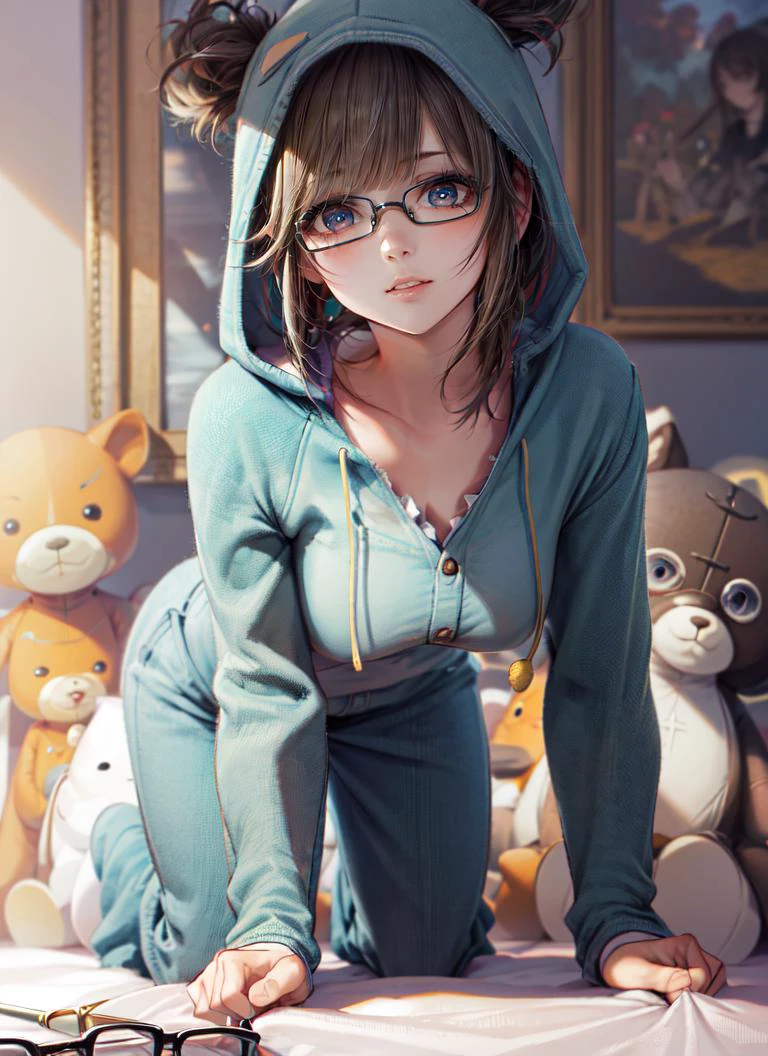 ((best quality)), ((highly detailed)), masterpiece, absurdres, detailed face, beautiful face, (detailed eyes, deep eyes), (1girl), (glasses), dynamic pose, full body, <lora:hairdetailer:.8>, , in a bedroom, stuffed toys, stuffed animals,  <lora:OnesiePJs-Finale:.9>, onsie
