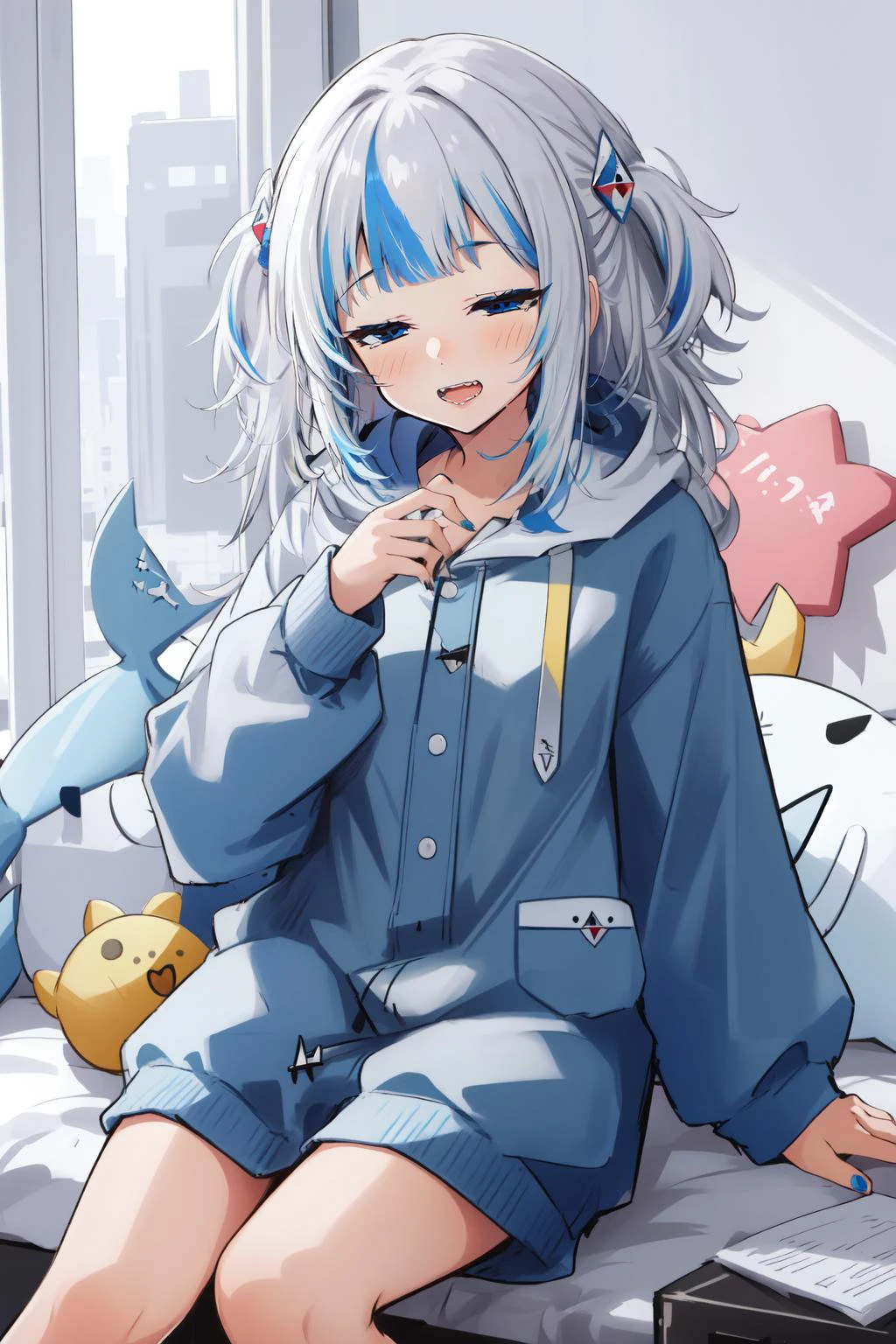 (masterpiece, best quality), intricate details,
1girl, <lora:guragawr-lora-nochekaiser:0.8> gura gawr, blue hair, white hair, medium hair, multicolored hair, shark girl, two side up, teeth,blue nails, hood, long sleeves, blue eyes, sharp teeth,
<lora:OnesiePJs-11:0.8> onesie, bedroom, cute, sleepy, <lora:sleepy_v100:1>