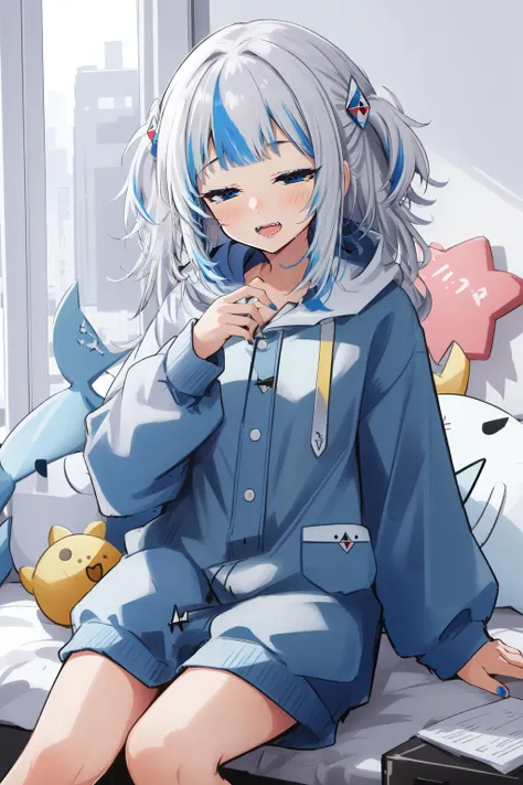 (masterpiece, best quality),  intricate details,
1girl,    <lora:guragawr-lora-nochekaiser:0.8> gura gawr, blue hair, white hair, medium hair, multicolored hair, shark girl, two side up, teeth,blue nails, hood, long sleeves,  blue eyes,  sharp teeth, 
 <lora:OnesiePJs-11:0.8> onesie, bedroom, cute, sleepy,  <lora:sleepy_v100:1>