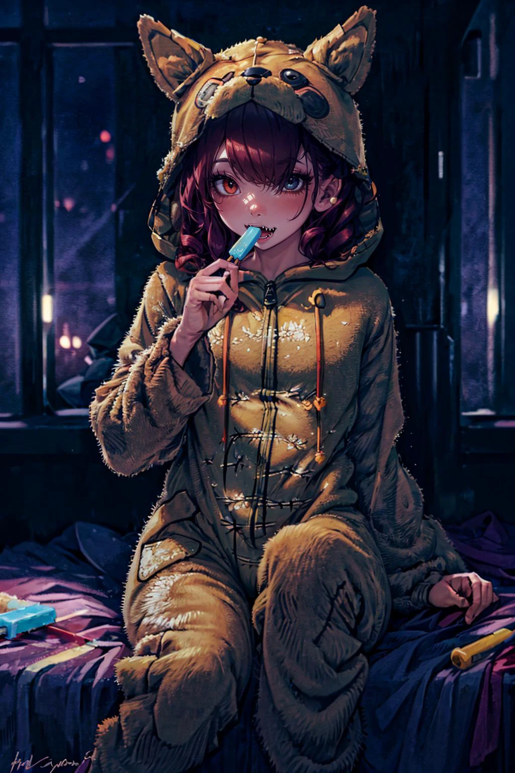 (best quality, masterpiece), (extremely detailed:1.3), (1girl), HDR, bedroom, popsicle, looking away, <lora:add_detail:0.6> <lora:OnesiePJs:1> onesie, hood, petite, animal onesie, on bed, one eye visible through hair, hair spread out, curly hair,