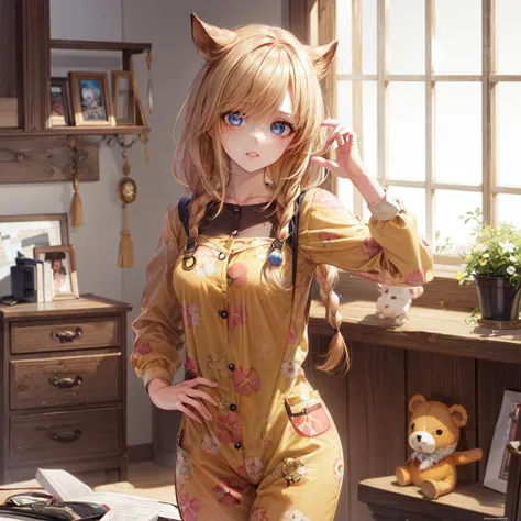 ((best quality)), ((highly detailed)), masterpiece, absurdres, (detailed eyes, deep eyes), (1girl), dynamic pose, cowboy shot, <lora:hairdetailer:.9>, country girl, long hair, low twin braids, freckles, muscular, overalls, plaid shirt, on a farm, <lora:OnesiePJs:.8>, onesie, inside, in a bedroom, stuffed toy, stuffed animal