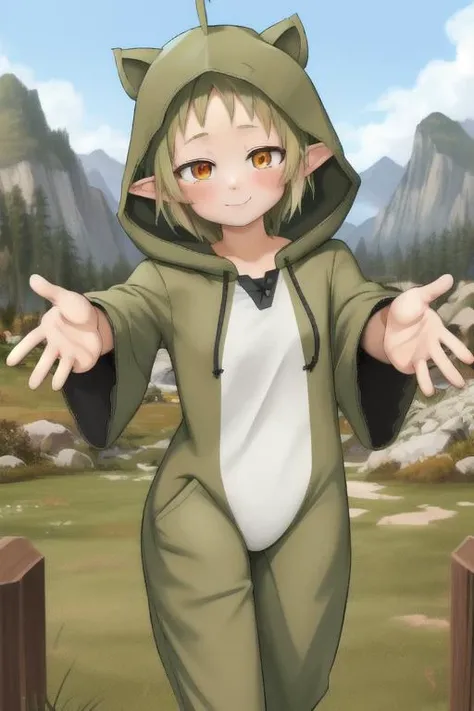 Goblin girl with a slim build, has a greenish skin tone, sharp teeth, and beady eyes that gleam with intelligence, Her outfit consists of a plain brown tunic that is faded and frayed from use, worn leather boots, In addition, she has a happy pose.