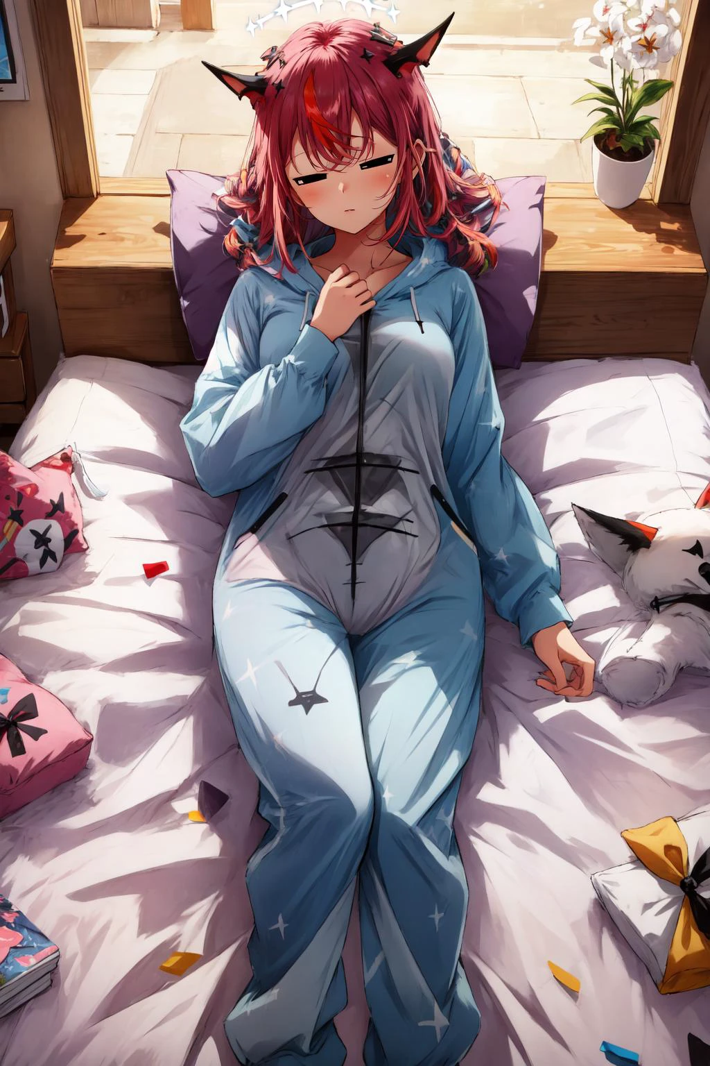 (masterpiece, best quality), intricate details,
1girl, <lora:IrysHololive:0.8> IrysHolo, heterochromia, long hair, halo,
<lora:OnesiePJs-10:0.8> onesie, animal onesie, sleeping, laying on bed, on back, pillows, blanket, <lora:hotarueye_comic2_v100:1> eyes closed,