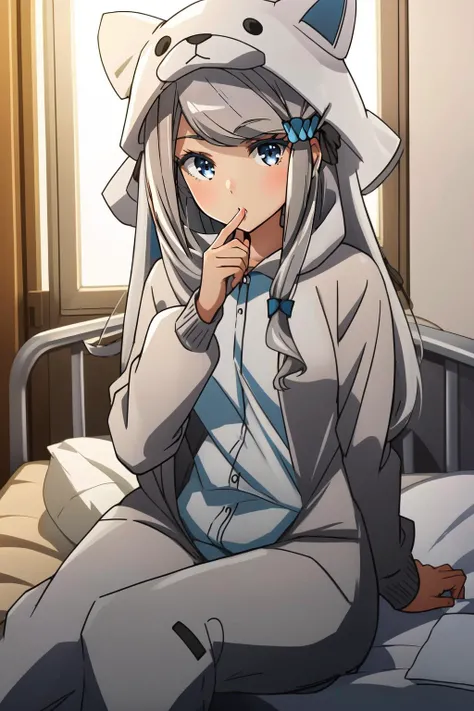 (masterpiece, best quality), intricate details,
1girl, <lora:1654436972649886904:0.8> nayuta kani (a sister's all you need), silver-gray hair, hair ornament, blue eyes,
bedroom, on bed,
<lora:OnesiePJs-11:0.8> onesie,