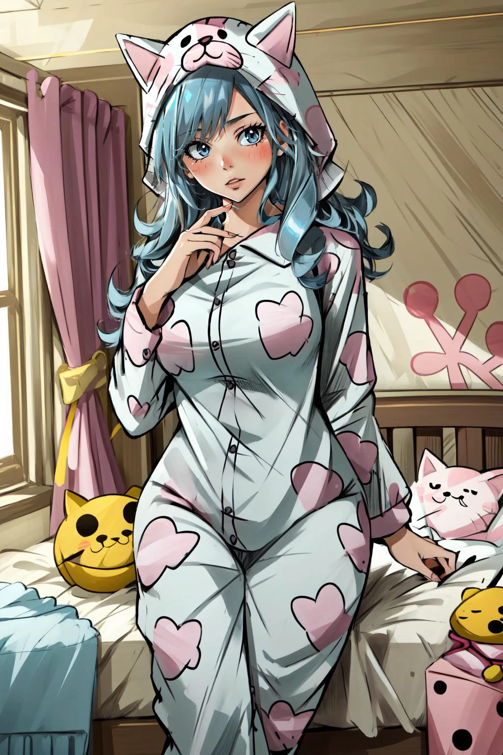 (masterpiece, best quality), intricate details,
1girl, <lora:juvia_lockser_v1:0.8> aajuvia, long hair,
<lora:OnesiePJs-11:0.8> onesie, indoors, bedroom, blushing, cute, pink cat pajamas,