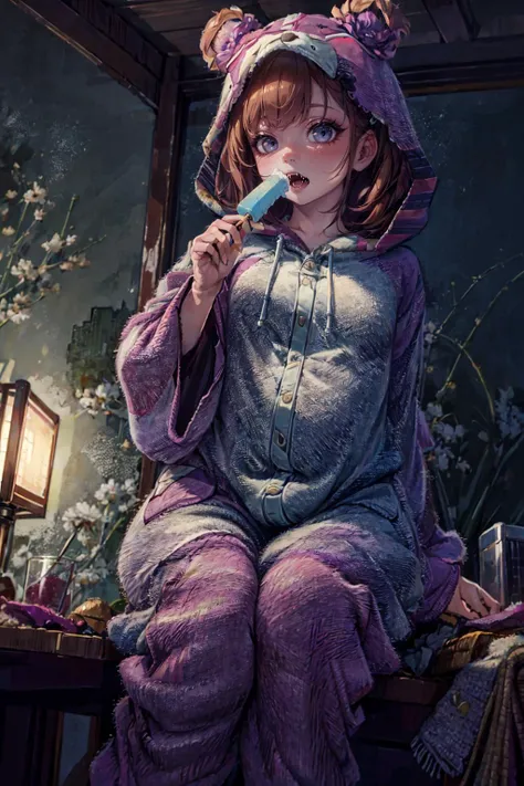 (best quality, masterpiece), (extremely detailed:1.3), (1girl), HDR, bedroom, from below, sundress, popsicle, tatami, looking away, <lora:add_detail:0.8>  <lora:OnesiePJs:1> onesie, hood
