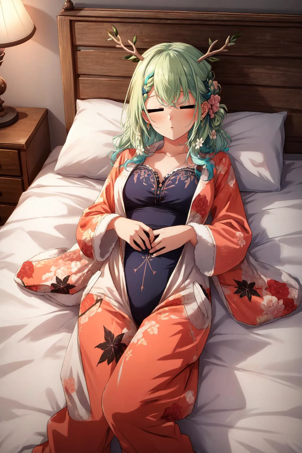 (masterpiece, best quality), intricate details,
1girl, <lora:CHAR-CeresFauna:0.8> Ceres Fauna, antlers, long hair, braided bangs, hair flower,
<lora:OnesiePJs-10:0.8> onesie, animal onesie, sleeping, laying on bed, on back, pillows, blanket, <lora:hotarueye_comic2_v100:1>