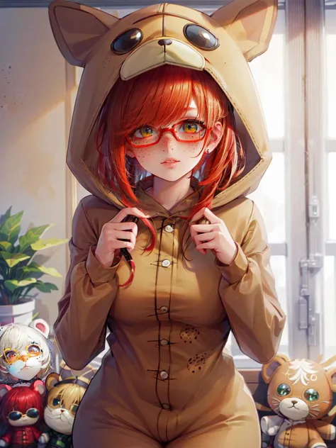 ((best quality)), ((highly detailed)), masterpiece, absurdres, extremely detailed face, beautiful face, (detailed eyes, deep eyes), (1girl), (glasses), cowboy shot, <lora:hairdetailer:.8>, red head, red hair, vibrant green eyes, ((freckles)), (body freckles), inside, in a bedroomstuffed toys, stuffed animals, <lora:OnesiePJs-1.1:.8>, onesie, animal onesie