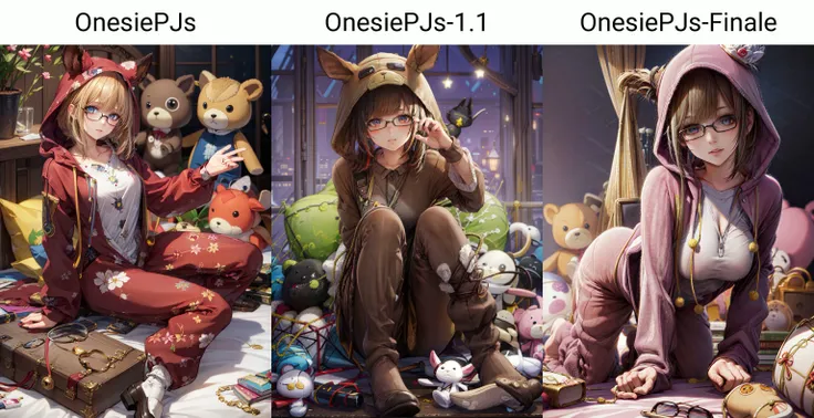 ((best quality)), ((highly detailed)), masterpiece, absurdres, detailed face, beautiful face, (detailed eyes, deep eyes), (1girl), (glasses), dynamic pose, full body, <lora:OnesiePJs:1>, onesie, <lora:hairdetailer:.8>, , in a bedroom, stuffed toys, stuffed animals