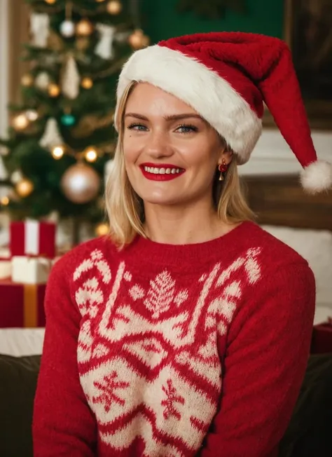 portrait of a woman in a red ugly sweater, Santa hat, in a cozy room, sweet smile, Christmas, blond, bold, bright colours, by Steve McCurry, detailed face, (high detailed skin:1.1) <lora:alicia_agneson_lora_v01:1> alagneson