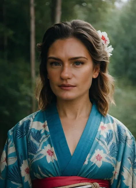 face closeup, portrait of a woman in Kimono in Japan, at the forest, foggy, bold, bright colours, by Steve McCurry, detailed face, (high detailed skin:1.1) <lora:alicia_agneson_lora_v01:1> alagneson