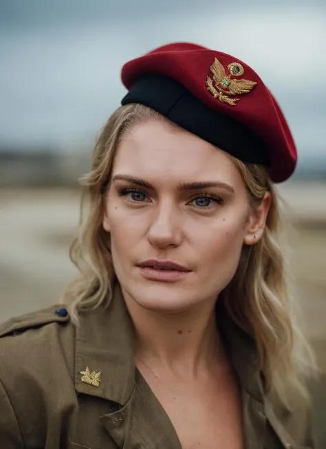 portrait of a female soldier in an army uniform at the military base, army red beret, hair updo, bold, by Steve McCurry, detailed face, (high detailed skin:1.1) <lora:alicia_agneson_lora_v01:1> alagneson
