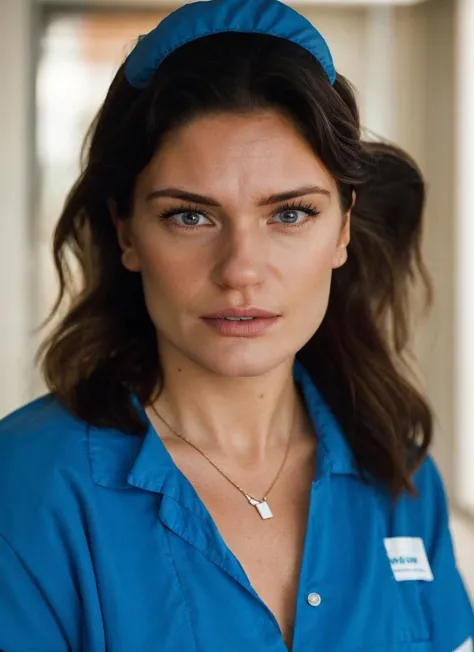 portrait of a nurse in a scrub standing at the hospital, bold, by Steve McCurry, detailed face, (high detailed skin:1.1) <lora:alicia_agneson_lora_v01:1> alagneson