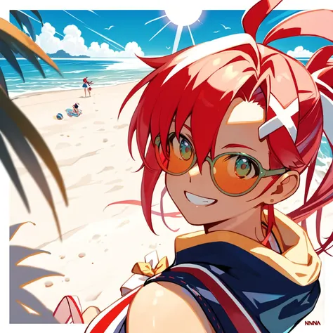 (score_9:1.2),(score_8_up:1.3),(score_7_up:1.2),(score_6_up:1.2),(source_anime:1.2),1girl,clothed,yoko littner,in beach,sunny,sea,sand,sun,by nilsunna,looking at viewer,happy,dutch angle,curvy,