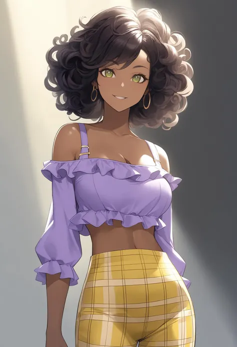 score_9, score_8_up, score_7_up, score_6_up, score_5_up, score_4_up, source_cartoon, BREAK, natural lighting, female, dark skin, big curly hair, swept bangs, yellow plaid baggy flared pants, purple ruffled crop top, cleavage,