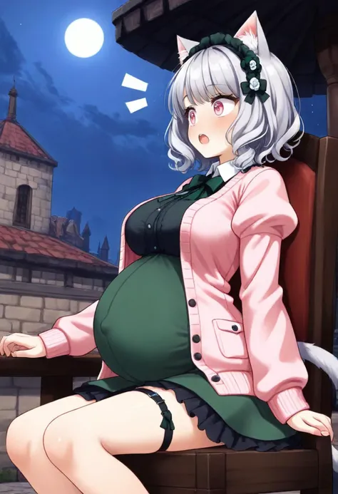 1girl, solo, kemonomimi mode, animal ears, animal tail, grey hair, medium hair, braid, short bangs, wavy hair, pink eyes, looking afar, large breasts, green gothic dress, headdress, frilled, puffy sleeves, hair flower, garter, pink cardigan, pregnant, surprised, sitting, on chair, chair, thigh focus, from side, outdoors, fantasy, massive stone fortress, night, dark, wind, breasts, open mouth, cardigan, cat ears, tail, cat tail, flower, light, puffy long sleeves, long sleeves, frills
<lora:preggoXL_v1.0:1> <lora:Pony_PregnantV1.4:0.5> <lora:StS_age_slider_v1_initial_release:-2> <lora:StS_detail_slider_v1:4> <lora:sd_xl_dpo_lora_v1:1> <lora:Hyper-SDXL-12steps-CFG-lora:1>