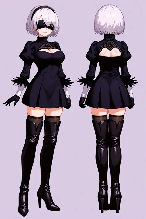 1girl, 2b (nier:automata), blindfold, solo, white hair, thighhighs, boots, black blindfold, high heels, dress, full body, hairband, gloves, high heel boots, black dress, short hair, mole under mouth, white background, thigh boots, simple background, mole, breasts, puffy sleeves, clothing cutout, long sleeves, covered eyes, black hairband, medium breasts, standing, cleavage cutout, black footwear, black thighhighs, thighhighs under boots, juliet sleeves, black gloves, turtleneck, cleavage, legs apart, leotard, feather-trimmed sleeves