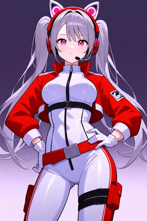 1girl, solo, animal ears, long hair, gloves, breasts, red jacket, headphones, looking at viewer, white gloves, grey hair, pink eyes, bodysuit, medium breasts, hand on own hip, twintails, fake animal ears, jacket, shrug (clothing), belt, closed mouth, animal ear headphones, long sleeves, cropped jacket, skin tight, impossible clothes, headset, cowboy shot