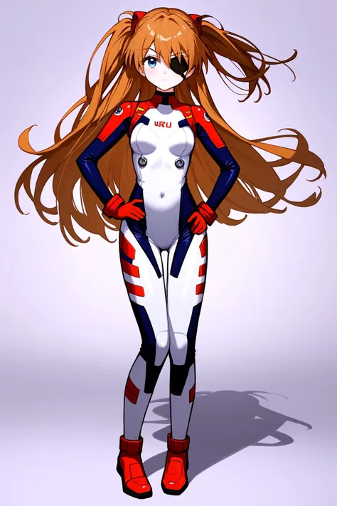 1girl, solo, souryuu asuka langley, plugsuit, long hair, eyepatch, full body, blue eyes, white bodysuit, hand on own hip, breasts, brown hair, standing, looking at viewer, white background, simple background, interface headset, covered navel, closed mouth, medium breasts, two side up, pilot suit, small breasts, skin tight