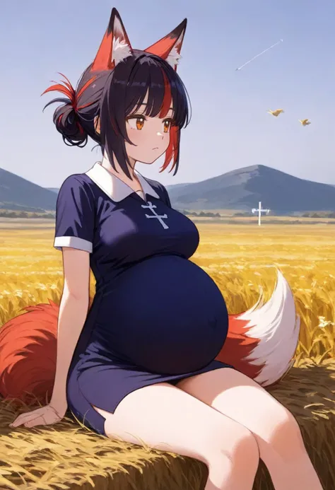 1girl, solo, fox girl, fox ears, fox tail, black hair, red hair, streaked hair, medium hair, folded ponytail, short bangs, straight hair, orange eyes, looking at another, medium breasts, purple pencil dress, pregnant, expressionless, sitting, cross-legged, close-up, straight-on, outdoors, grain field, day, wind, short dress, looking to the side, breasts, tail, short sleeves, sidelocks, dress, closed mouth, pencil
<lora:preggoXL_v1.0:1> <lora:Pony_PregnantV1.4:0.5> <lora:StS_age_slider_v1_initial_release:-2> <lora:StS_detail_slider_v1:4> <lora:sd_xl_dpo_lora_v1:1> <lora:Hyper-SDXL-12steps-CFG-lora:1>