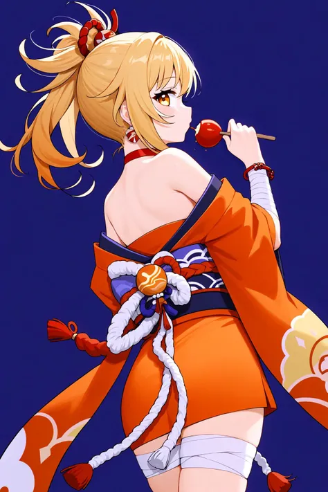 1girl, yoimiya (genshin impact), solo, japanese clothes, candy apple, food, orange kimono, kimono, blonde hair, looking at viewer, white background, bandages, holding food, holding, simple background, hair ornament, bandaged leg, ponytail, red choker, choker, jewelry, sash, obi, orange eyes, looking back, rope, cowboy shot, shimenawa, bracelet, yellow eyes, closed mouth, from behind, earrings