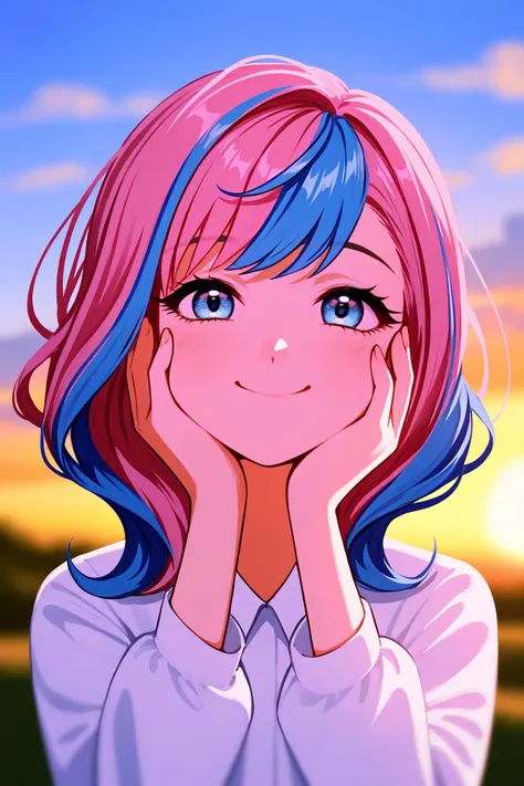 smile, blue eyes, solo, looking at viewer, 1girl, happy, blurry, blurry background, hands on own face, multicolored hair, outdoors, sky, closed mouth, pink hair, blue hair, hands on own cheeks, portrait, signature, cloud, sunset, straight-on, hands up, streaked hair, eyelashes, sun, upper body