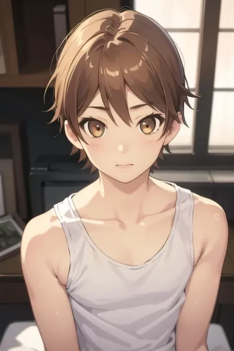 masterpiece, best quality, high quality, 1boy, solo, male focus, looking at viewer, upper body, <lora:youto_yokodera:0.62>, youto_yokodera, brown hair, brown eyes, realistic, tank top