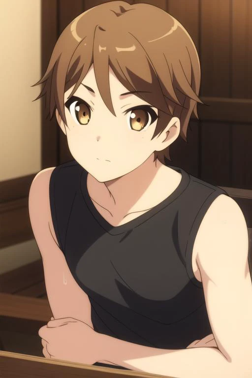 masterpiece, best quality, high quality, 1boy, solo, male focus, looking at viewer, upper body, <lora:youto_yokodera:0.72>, youto_yokodera, brown hair, brown eyes, , tank top