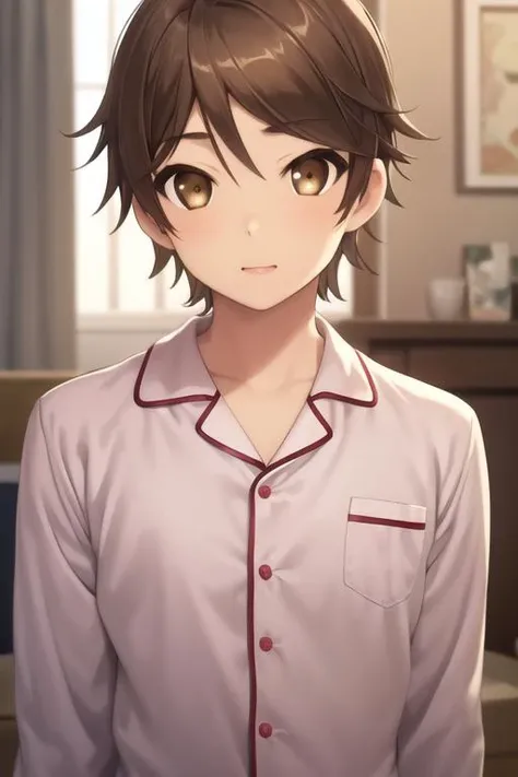 masterpiece, best quality, high quality, 1boy, solo, male focus, looking at viewer, upper body, <lora:youto_yokodera:0.72>, youto_yokodera, brown hair, brown eyes, realistic, pajamas