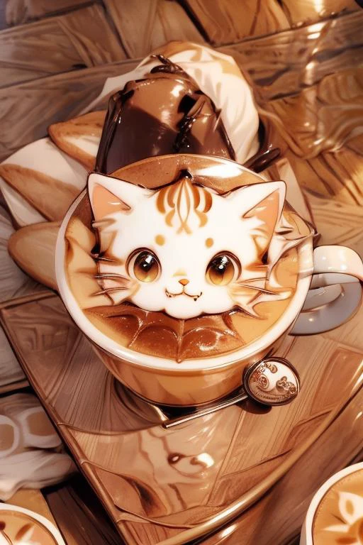 Highly detailed, High Quality, Masterpiece, beautiful, coffee, latte, LatteArt, latte art, food art, <lora:LatteArt:1>, no humans, <lora:cat_20230627113759:1> , ((cute cat drooling), (full body:1.2)) , <lora:add_detail:1.1>