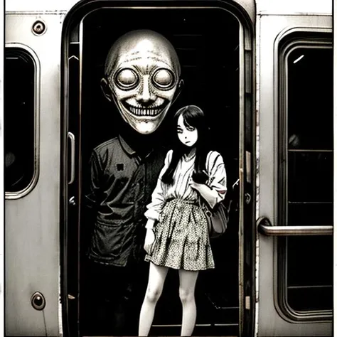 manga panel , horror manga,girl standing frightened in the door of a train, there is a giant creepy giant face behind her, zoomed out, walls with eyes, fullbody, intricate detail, manga style, screentones, crisp, pixiv,<lora:Niji_Horror_Dante:0.7> nijihorror