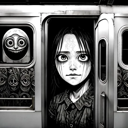 manga panel , horror manga,girl standing frightened in the door of a train, there is a giant creepy giant face behind her, zoomed out, walls with eyes, fullbody, intricate detail, manga style, screentones, crisp, pixiv,<lora:Niji_Horror_Dante:0.7> nijihorror