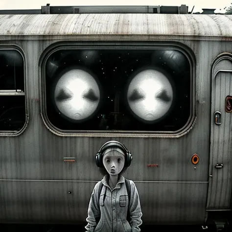 <lora:last:1> shadow of grey alien outside of window, opaque glasses,, manga panel , horror manga,girl with headphones standing frightened in the door of a train, there is a giant creepy giant face behind her, zoomed out, walls with eyes, fullbody, intricate detail, manga style, screentones,  crisp, pixiv,<lora:Niji_Horror_Dante:0.7> nijihorror
