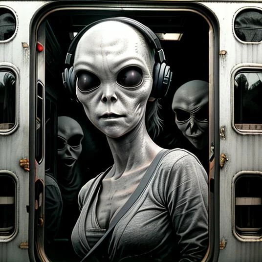 <lora:last:1> shadow of grey alien outside of window, opaque glasses,, manga panel , horror manga,girl with headphones standing frightened in the door of a train, there is a giant creepy giant face behind her, zoomed out, walls with eyes, fullbody, intricate detail, manga style, screentones, crisp, pixiv,<lora:Niji_Horror_Dante:0.7> nijihorror