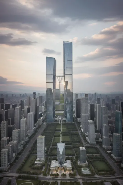 A fantastical image of mykl twin towers  <lora:mykl_twin_towers:0.8>, towering above a bustling cityscape. The city below is beautifully lit by the setting sun, casting intricate patterns on the buildings below. A breathtaking landscape stretches out below, with the mykl twin towers rising gracefully into the sky. The delicate details in the architectural designs and materials blend seamlessly, creating a captivating and visually stunning image. fast shutter speed, wide aperture, large aperture. <lora:highrise:0.1>