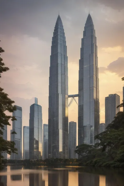 A captivating night scene featuring mykl twin towers <lora:mykl_twin_towers:0.8> over a lush, picturesque river. The city's buildings are bathed in soft, ethereal light from a single, elegant, golden hour star above. The river's spray echoes off the shimmering buildings, casting a dreamy, ethereal glow on the city. wide-angle lens, long exposure, golden hour star