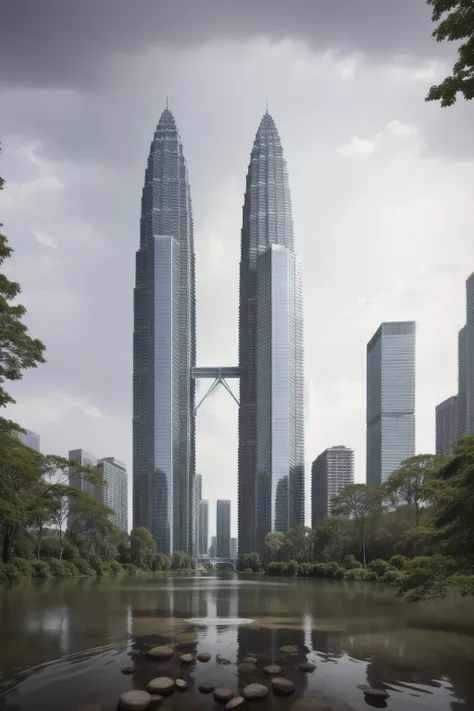 An imaginative image of mykl twin towers <lora:mykl_twin_towers:0.8>, with a breathtaking, urban cityscape at its center. The water splashes against the stone structures, creating a sense of depth and movement. A tall brick bridge connects the two bridges, while a series of picturesque parks and parks along the river create a sense of harmony. wide-angle lens, fast shutter speed, shallow depth of field
