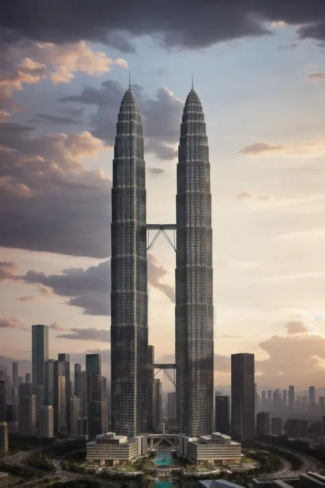 A fantastical image of a petronas twin towers, towering above a bustling cityscape. The city below is beautifully lit by the setting sun, casting intricate patterns on the buildings below. A breathtaking landscape stretches out below, with the petronas towers rising gracefully into the sky. The delicate details in the architectural designs and materials blend seamlessly, creating a captivating and visually stunning image. fast shutter speed, wide aperture, large aperture.