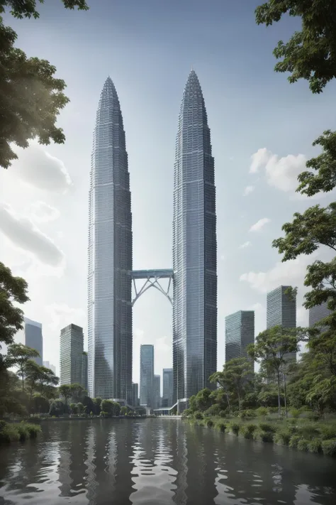 An imaginative image of a vibrant mykl twin towers <lora:mykl_twin_towers:0.75> built on a river, with a breathtaking, urban cityscape at its center. The water splashes against the stone structures, creating a sense of depth and movement. A tall brick bridge connects the two bridges, while a series of picturesque parks and parks along the river create a sense of harmony.
