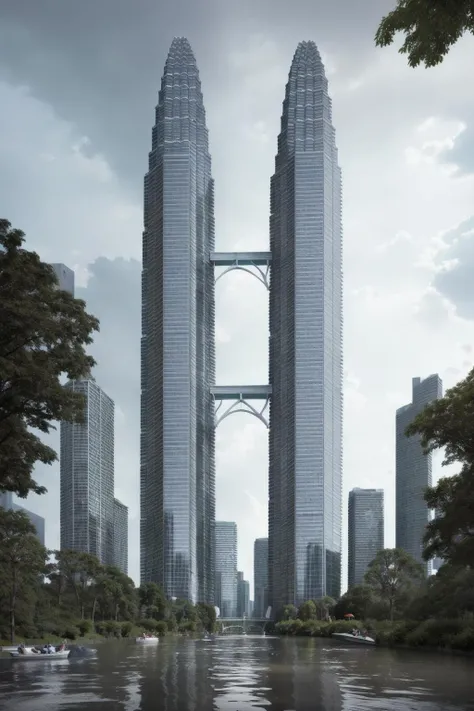 An imaginative image of a vibrant mykl twin towers <lora:mykl_twin_towers:0.8> built on a river, with a breathtaking, urban cityscape at its center. The clearwater splashes against the stone structures, creating a sense of depth and movement. A tall brick bridge connects the two bridges, while a series of picturesque parks and parks along the river create a sense of harmony. night sky, building lights,