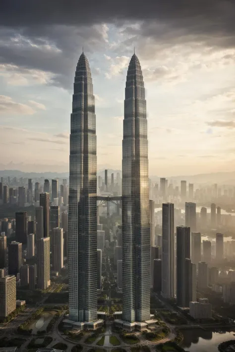 A fantastical image of a petronas twin towers, towering above a bustling cityscape. The city below is beautifully lit by the setting sun, casting intricate patterns on the buildings below. A breathtaking landscape stretches out below, with the petronas towers rising gracefully into the sky. The delicate details in the architectural designs and materials blend seamlessly, creating a captivating and visually stunning image. fast shutter speed, wide aperture, large aperture.
