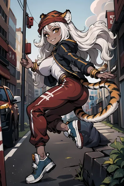 ((masterpiece,best quality)), absurdres, <lora:Antandra_AFK:0.9>, Antandra_AFK, dark skin, tiger tail, smile, city background , white hoodie, red pants, beanie, white hair, blue skate shoes, large breasts, (((sfw))),