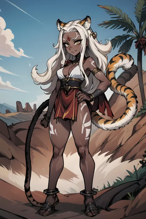 ((masterpiece,best quality)), absurdres,
<lora:Antandra_AFK:0.9>, Antandra_AFK, dark skin, tiger tail, cowboy shot, smiling, 
cinematic composition,