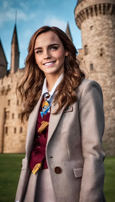 fullbody portrait of skswoman, happy , brown eyes, freckles, wearing wizard suit , background hogwarts castle, bokeh, epic (photo, studio lighting, hard light, sony a7, 50 mm, matte skin, pores, colors, hyperdetailed, hyperrealistic) <lora:Emma Watson LoRA SDXL:1.1>
