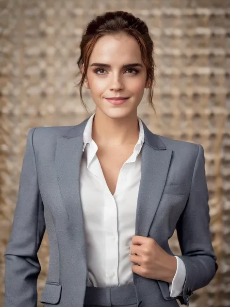 portrait of skswoman, happy , wearing suit , background gothic epic (photo, studio lighting, hard light, sony a7, 50 mm, matte skin, pores, colors, hyperdetailed, hyperrealistic) <lora:Emma Watson LoRA SDXL:1.1>