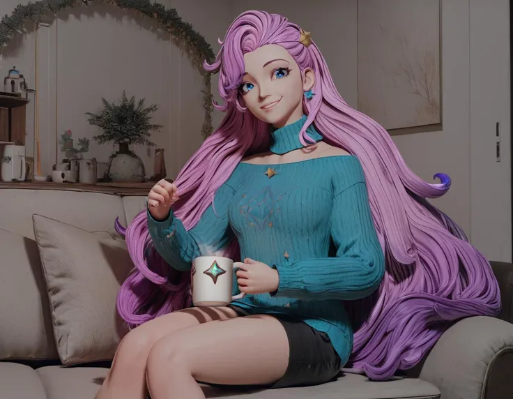 score_9, score_8_up, score_7_up, score_6_up, SeraphineLoLXL, Digital Art, 3d art, 1girl, blue eyes, pink hair, bangs, hair ornament, very long hair, shiny hair, star \(symbol\), earrings, medium breasts, casual sweater, sitting at home enjoying a warm mug of coffee on the sofa on a cold winter night, sly smile, cozy, warm, indoors, purple tipped hair