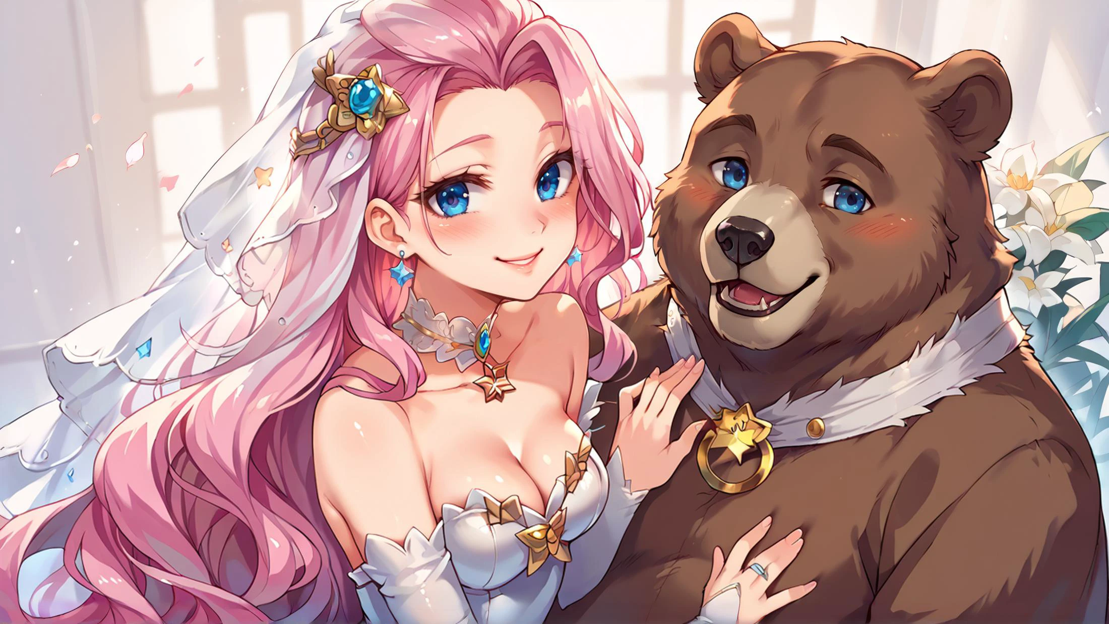 score_9, score_8_up, score_7_up, score_6_up, score_5_up, score_4_up, source_anime, BREAK, , 1girl, wedding dress, bridal veil, wedding ring, wedding, blush, smile, looking at viewer, interspecies, bear, animal, , <lora:SeraphineLoLXL:1>, SeraphineLoLXL, blue eyes, pink hair, bangs, hair ornament, very long hair, shiny hair, star (symbol), earrings, medium breasts, chocker,